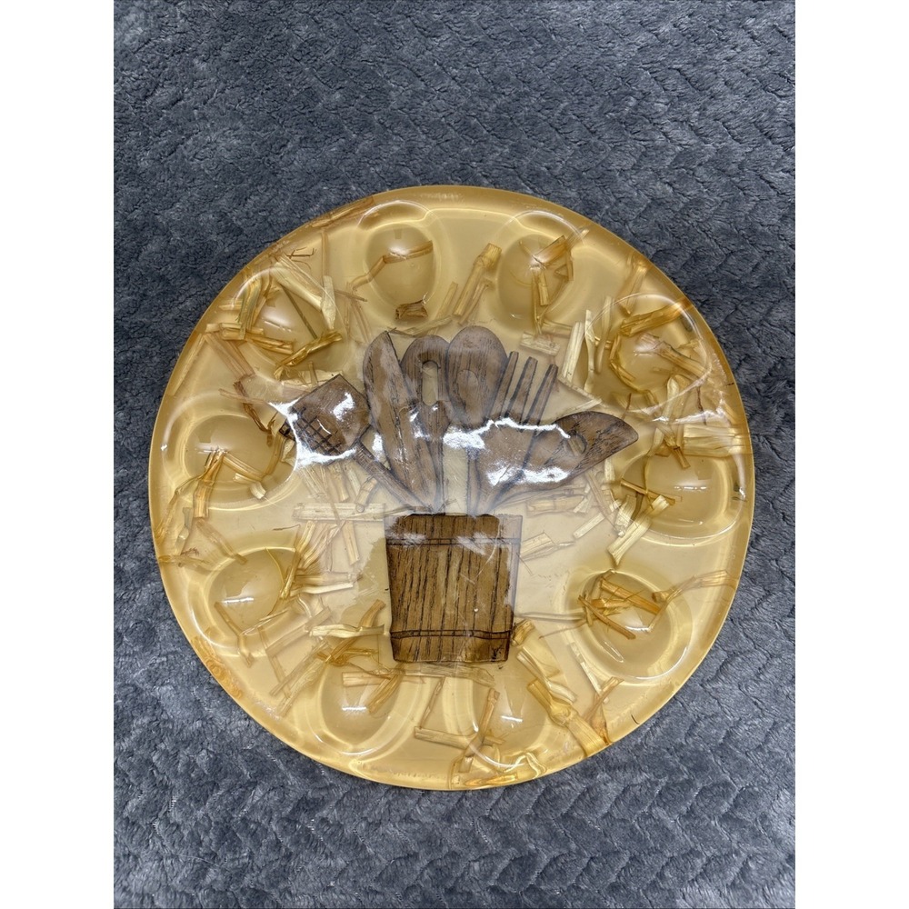 Vintage Lucite Resin Deviled Egg Tray Wood Utensils and Straw Cottage Grannycore